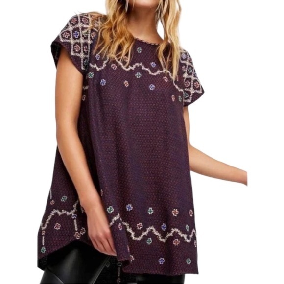 Free People In The Clouds Tunic Embroidered Beaded Woven Knit Viscose Boho Dress